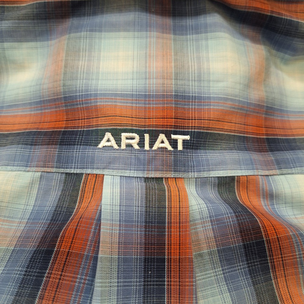 Ariat‎ Buttondown Shirt Mens Lg Blue Orange Plaid Wrinkle Free Western Flip Cuff - Picture 6 of 9